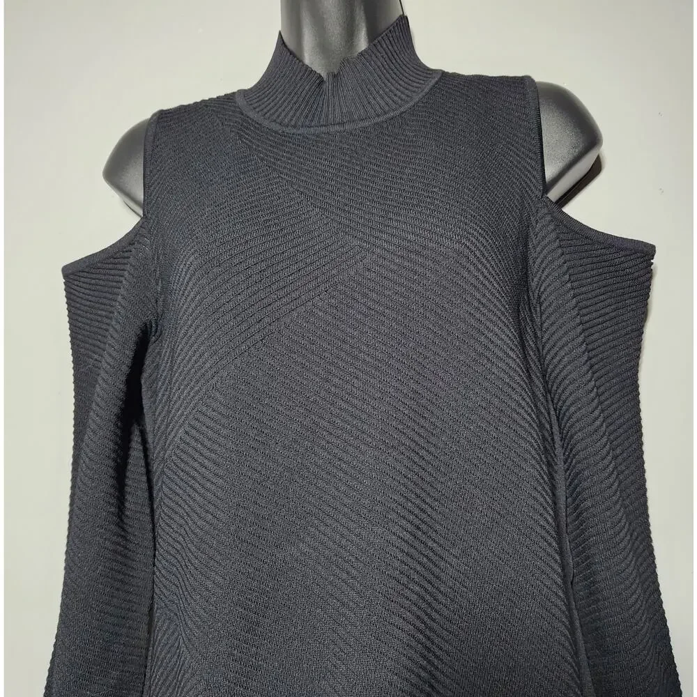 Donna Karan New York Women's Black Mock Neck Textured Cold-Shoulder Dress Size M